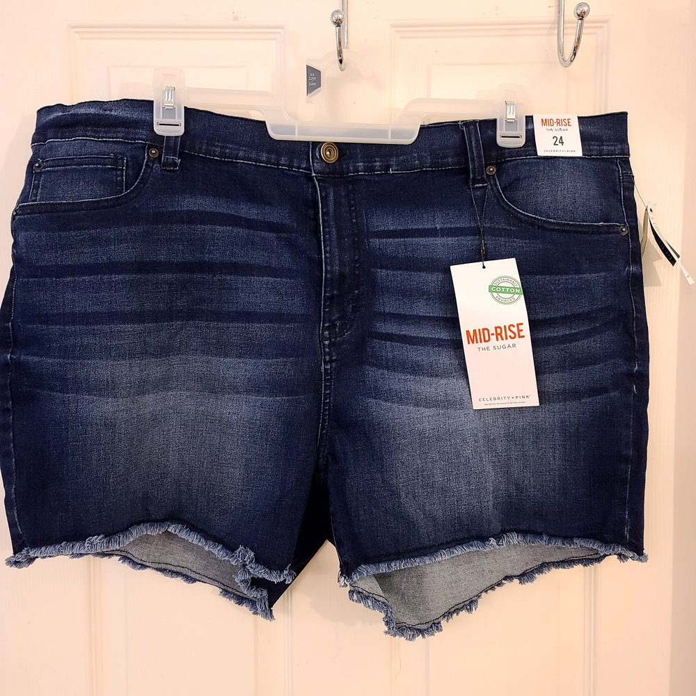 Celebrity Pink Blue Jean Shorts with Distressed Hem